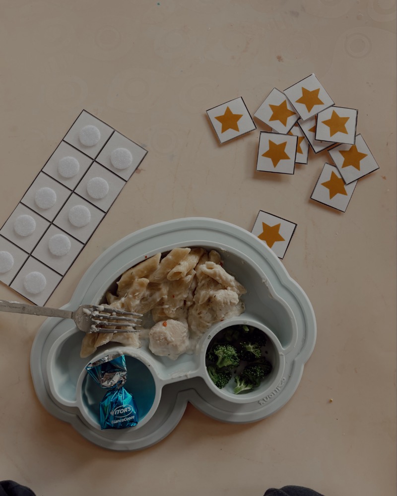 Toddler's plate next to a token board with star tokens