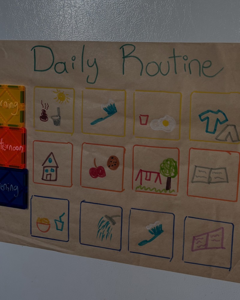 Hand-drawn daily routine chart with pictures for morning, afternoon and evening